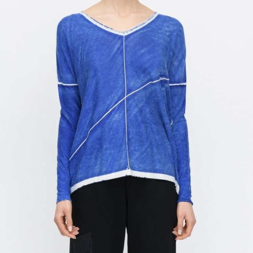 Kokun Overdye Seamed V Neck Sweater Blue Bamboo Cashmere XS/S